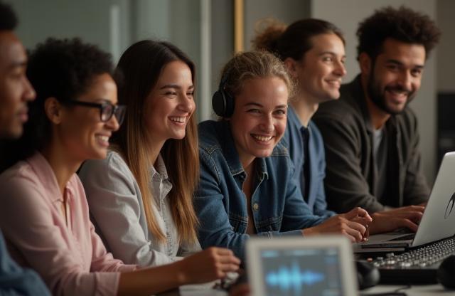 Diverse group of people collaborating on an audio project, smiling and looking engaged.