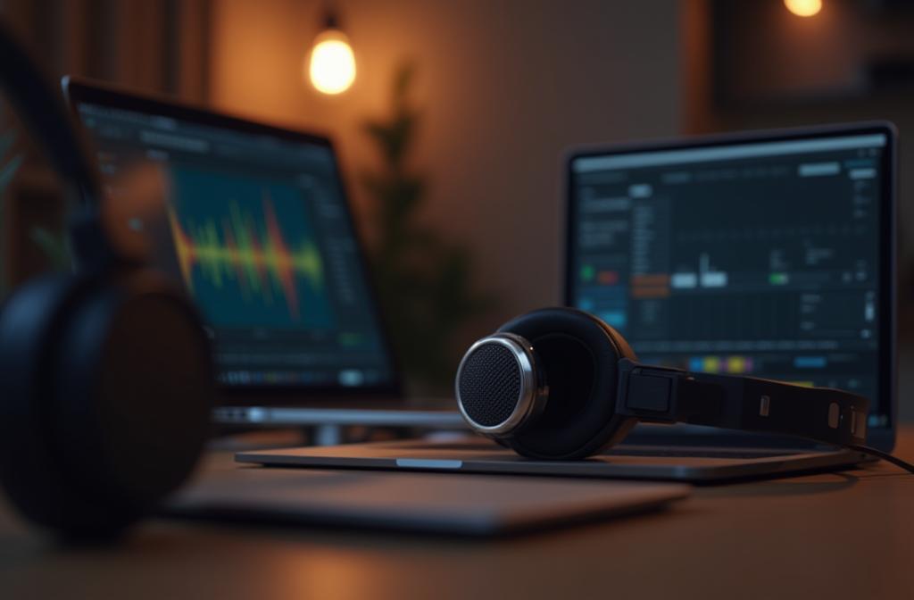 Creative image featuring a microphone, headphones, and a laptop with audio software interface, representing podcast creation.