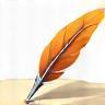 Quill pen writing on paper icon.